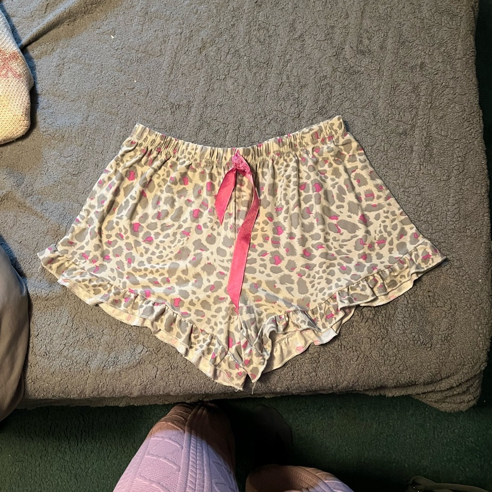 Leopard Print Ruffle Sleep Shorts - Pink and Gray
